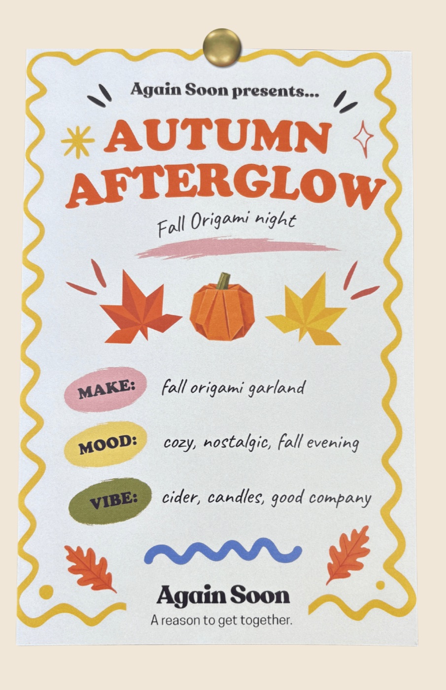 The Autumn Afterglow theme card, pinned up: a fall origami night. Make: fall origami garland. Mood: cozy, nostalgic, fall evening. Vibe: cider, candles, good company.